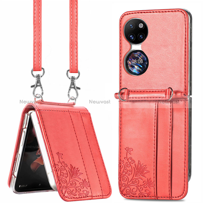 Luxury Leather Matte Finish and Plastic Back Cover Case SD6 for Huawei P50 Pocket Red