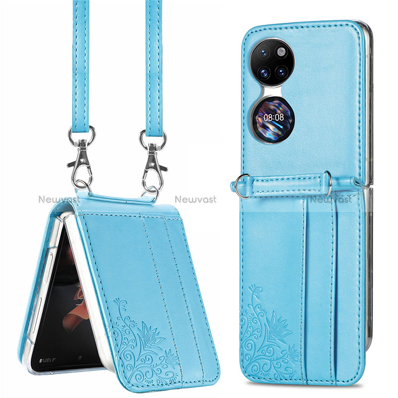 Luxury Leather Matte Finish and Plastic Back Cover Case SD6 for Huawei P50 Pocket Sky Blue