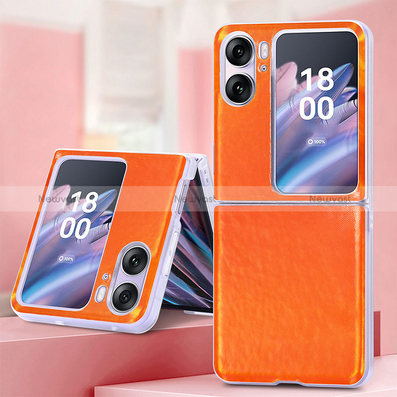 Luxury Leather Matte Finish and Plastic Back Cover Case SD6 for Oppo Find N2 Flip 5G Orange