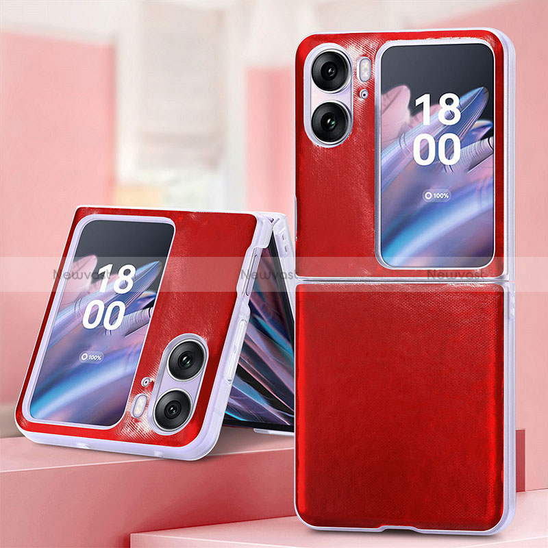 Luxury Leather Matte Finish and Plastic Back Cover Case SD6 for Oppo Find N2 Flip 5G Red