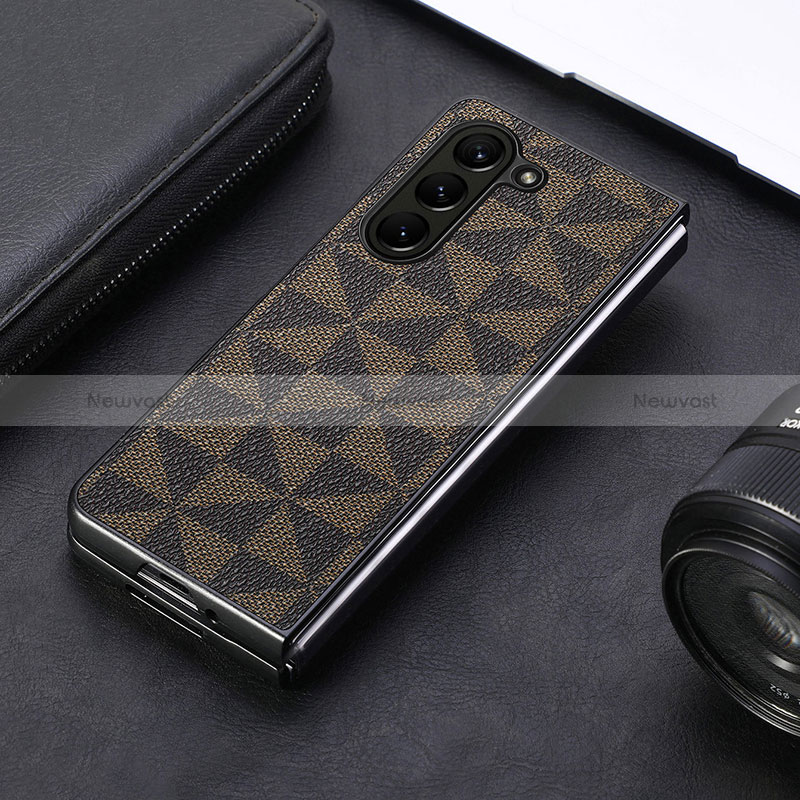 Luxury Leather Matte Finish and Plastic Back Cover Case SD6 for Samsung Galaxy Z Fold5 5G Brown