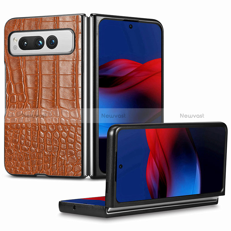 Luxury Leather Matte Finish and Plastic Back Cover Case SD7 for Google Pixel Fold 5G Brown