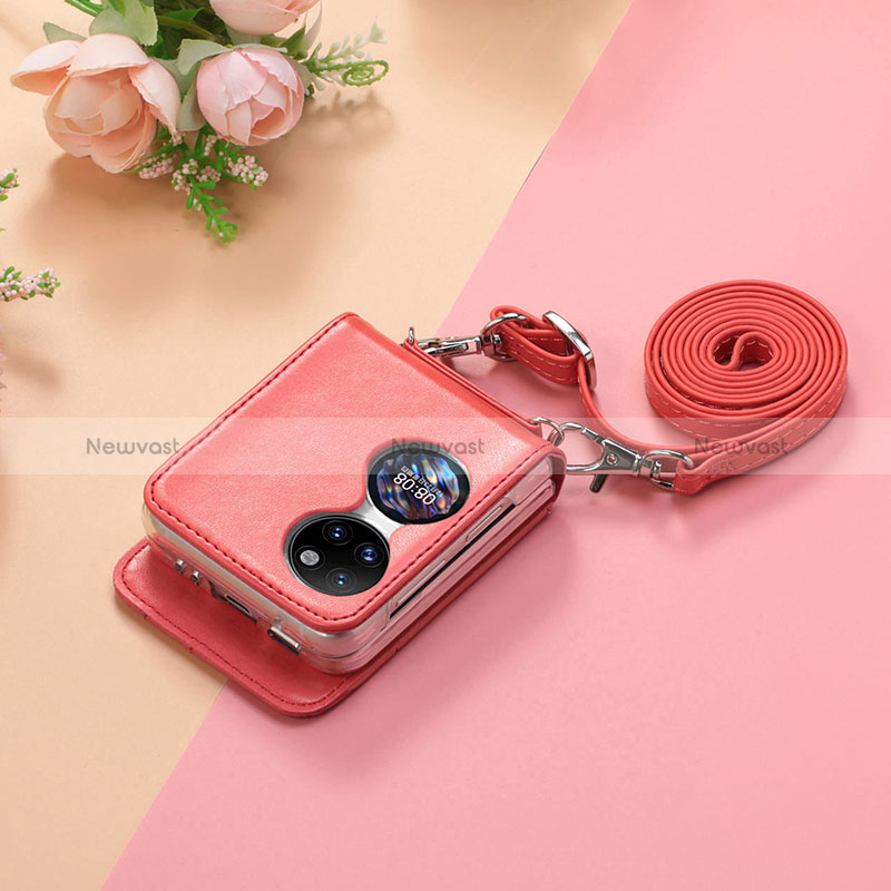 Luxury Leather Matte Finish and Plastic Back Cover Case SD7 for Huawei P50 Pocket Red