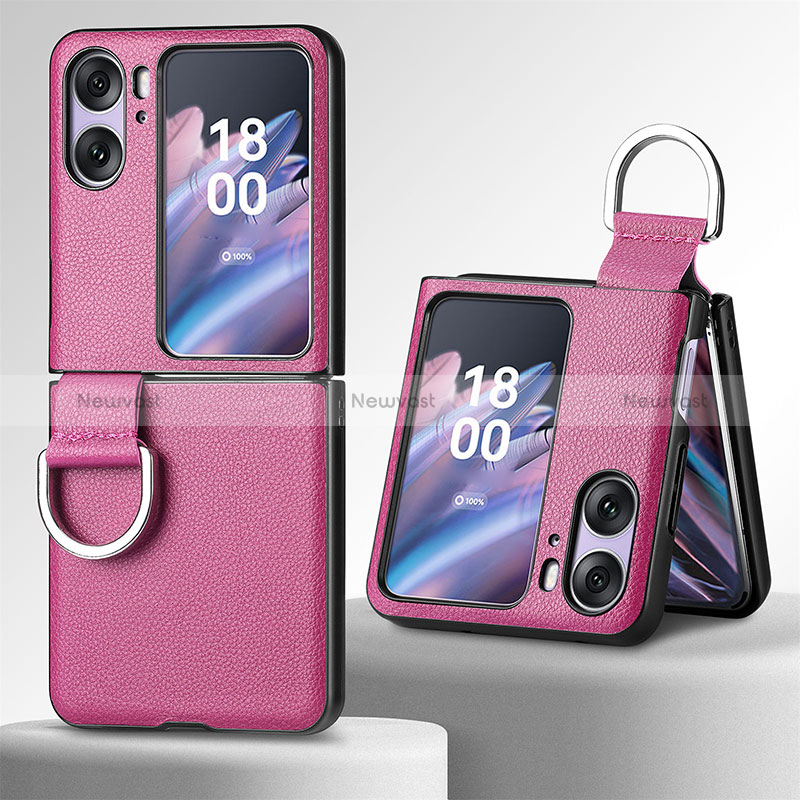 Luxury Leather Matte Finish and Plastic Back Cover Case SD8 for Oppo Find N2 Flip 5G Purple