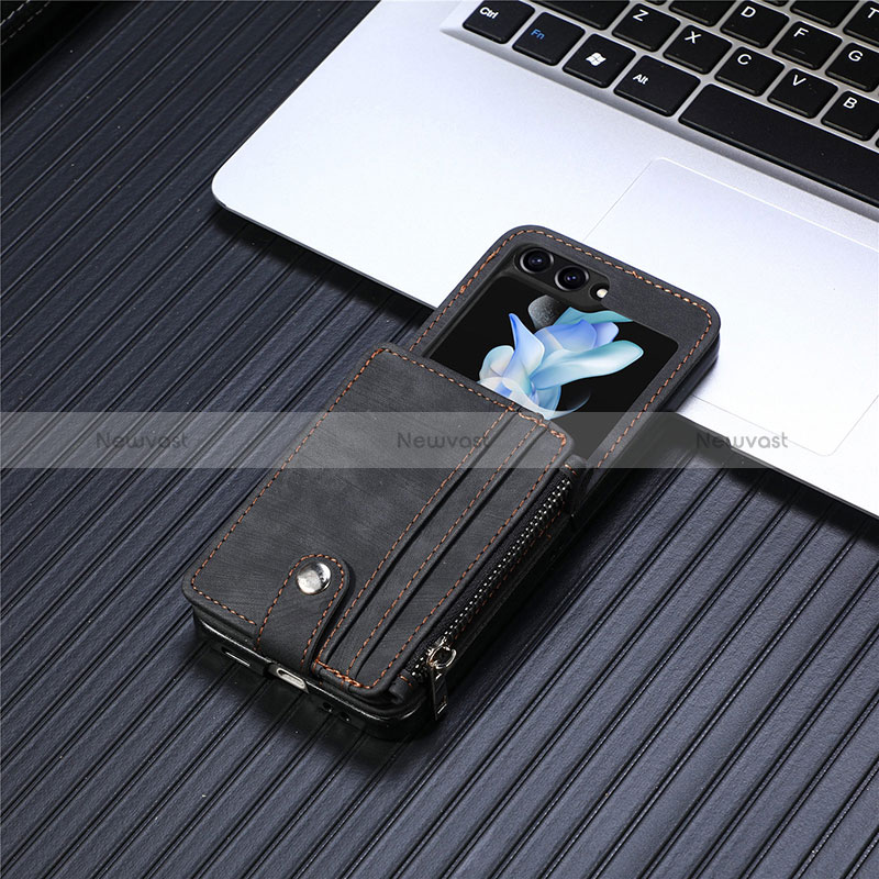 Luxury Leather Matte Finish and Plastic Back Cover Case SD8 for Samsung Galaxy Z Flip5 5G Black