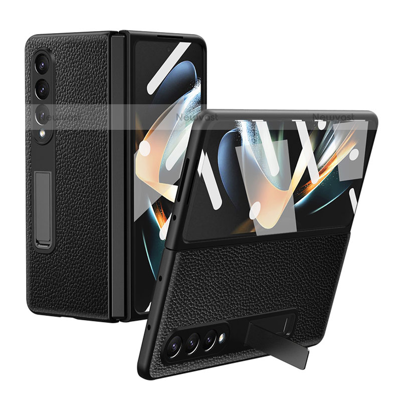 Luxury Leather Matte Finish and Plastic Back Cover Case T01 for Samsung Galaxy Z Fold3 5G Black