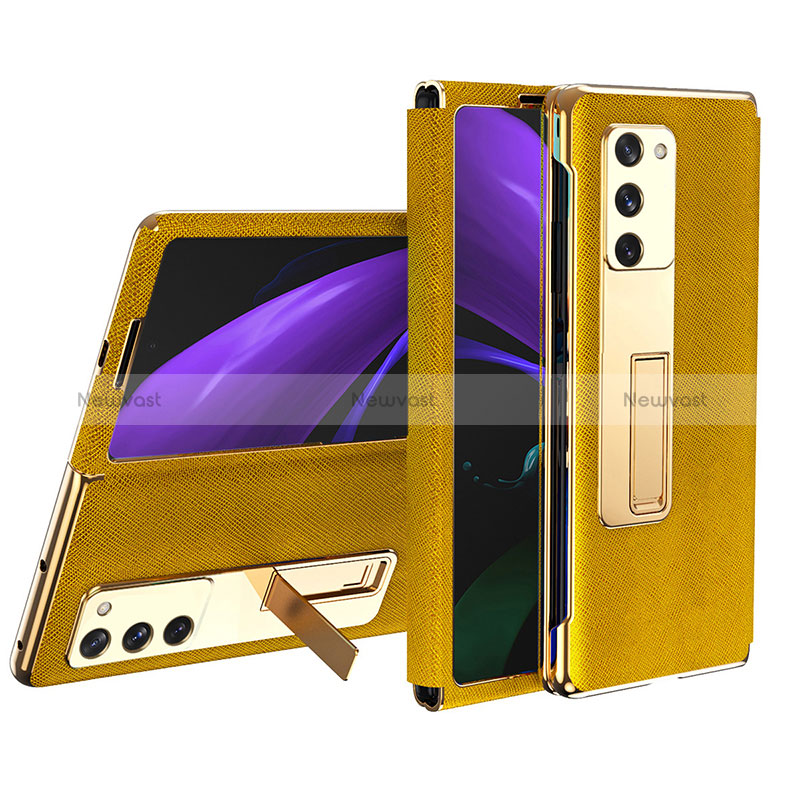 Luxury Leather Matte Finish and Plastic Back Cover Case T02 for Samsung Galaxy Z Fold2 5G Yellow