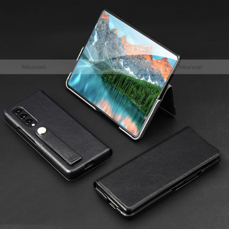 Luxury Leather Matte Finish and Plastic Back Cover Case T02 for Samsung Galaxy Z Fold3 5G Black