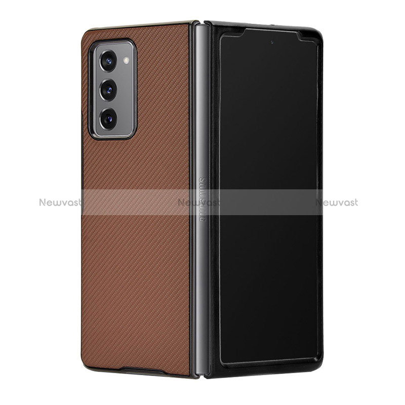 Luxury Leather Matte Finish and Plastic Back Cover Case T03 for Samsung Galaxy Z Fold2 5G Brown