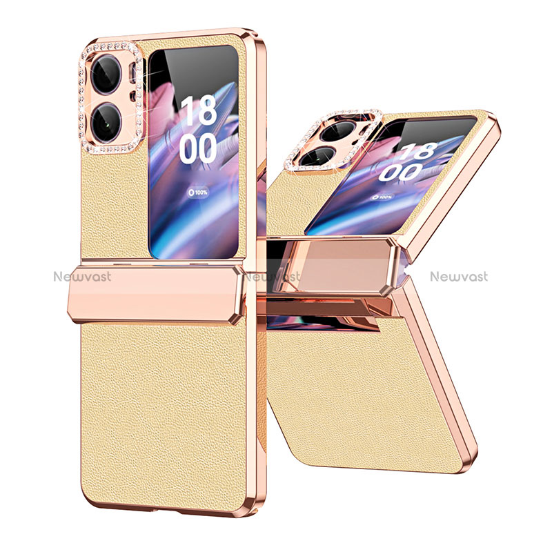 Luxury Leather Matte Finish and Plastic Back Cover Case WZ1 for Oppo Find N2 Flip 5G Gold