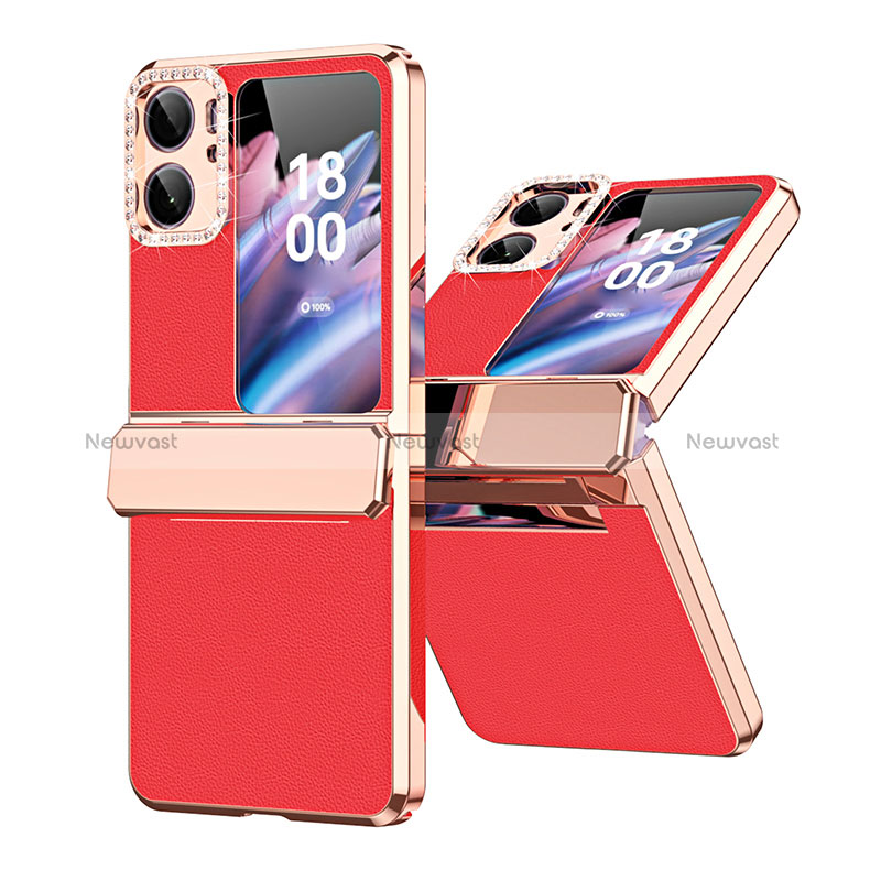 Luxury Leather Matte Finish and Plastic Back Cover Case WZ1 for Oppo Find N2 Flip 5G Red