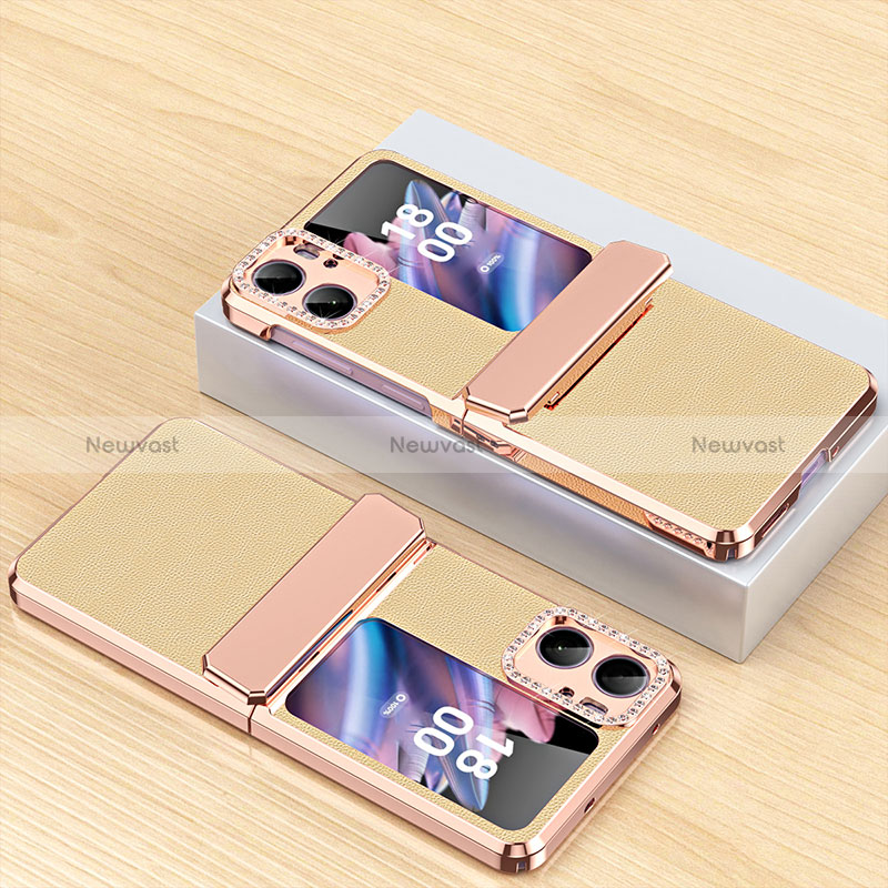 Luxury Leather Matte Finish and Plastic Back Cover Case WZ2 for Oppo Find N2 Flip 5G Gold