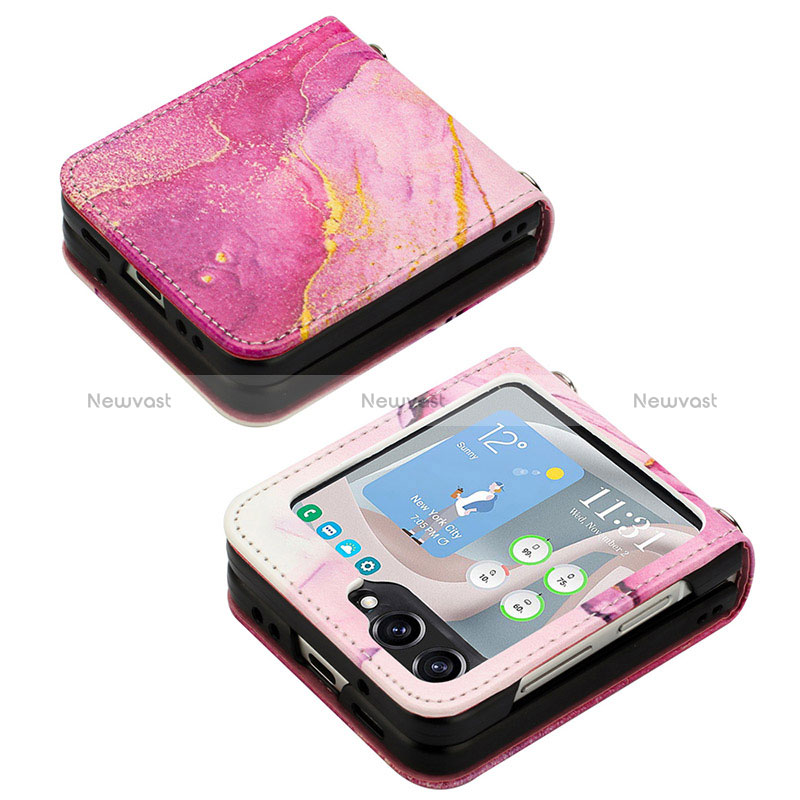 Luxury Leather Matte Finish and Plastic Back Cover Case YB2 for Samsung Galaxy Z Flip5 5G Hot Pink