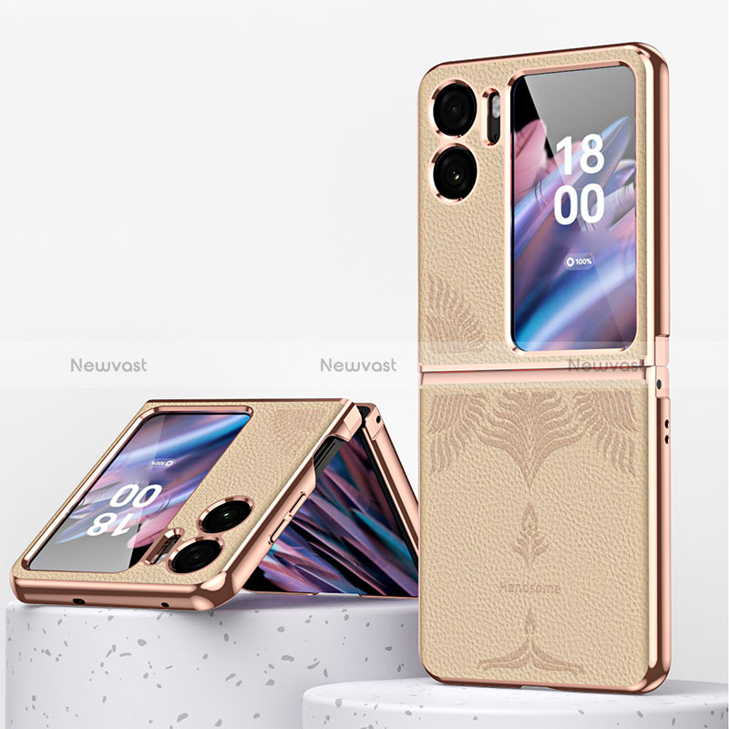 Luxury Leather Matte Finish and Plastic Back Cover Case ZL1 for Oppo Find N2 Flip 5G Gold