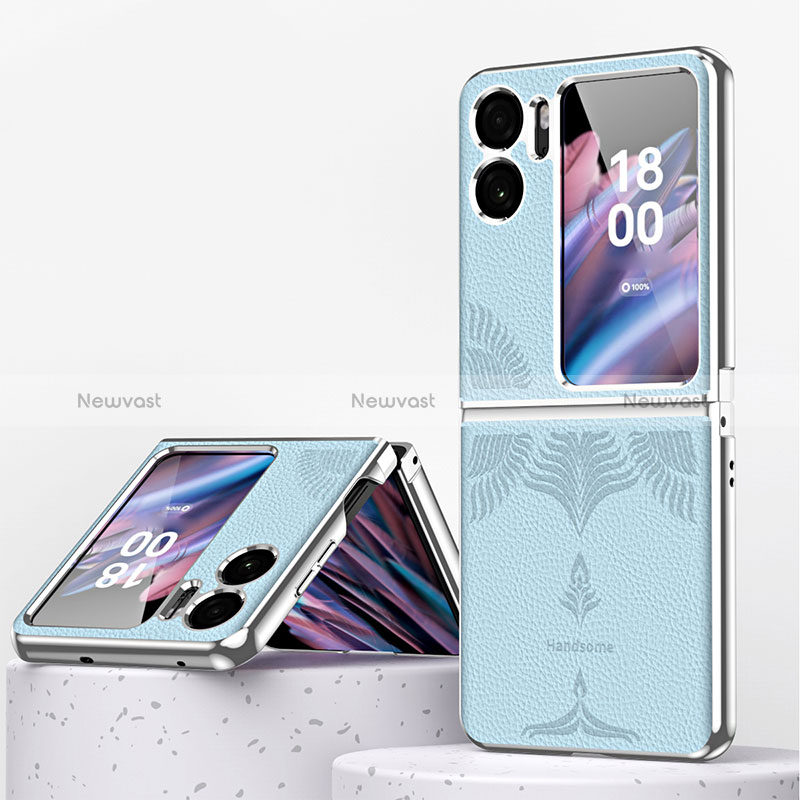 Luxury Leather Matte Finish and Plastic Back Cover Case ZL1 for Oppo Find N2 Flip 5G Mint Blue