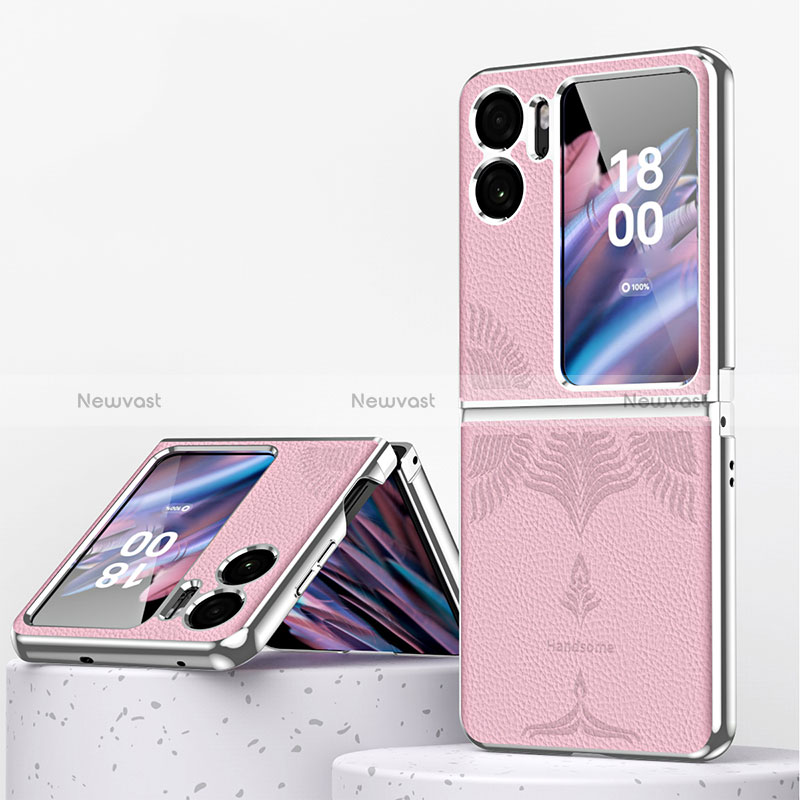 Luxury Leather Matte Finish and Plastic Back Cover Case ZL1 for Oppo Find N2 Flip 5G Rose Gold