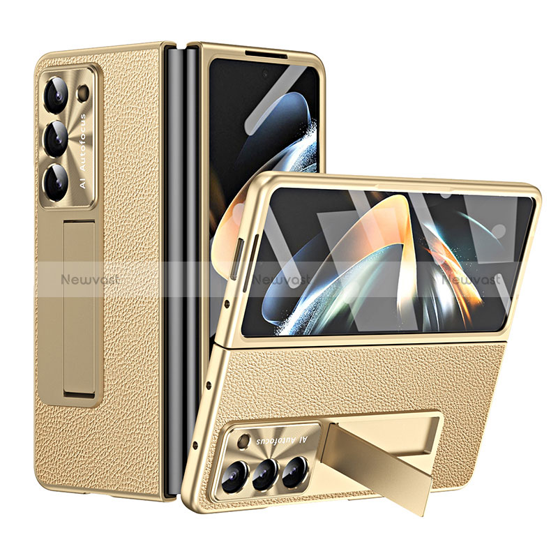 Luxury Leather Matte Finish and Plastic Back Cover Case ZL1 for Samsung Galaxy Z Fold5 5G Gold