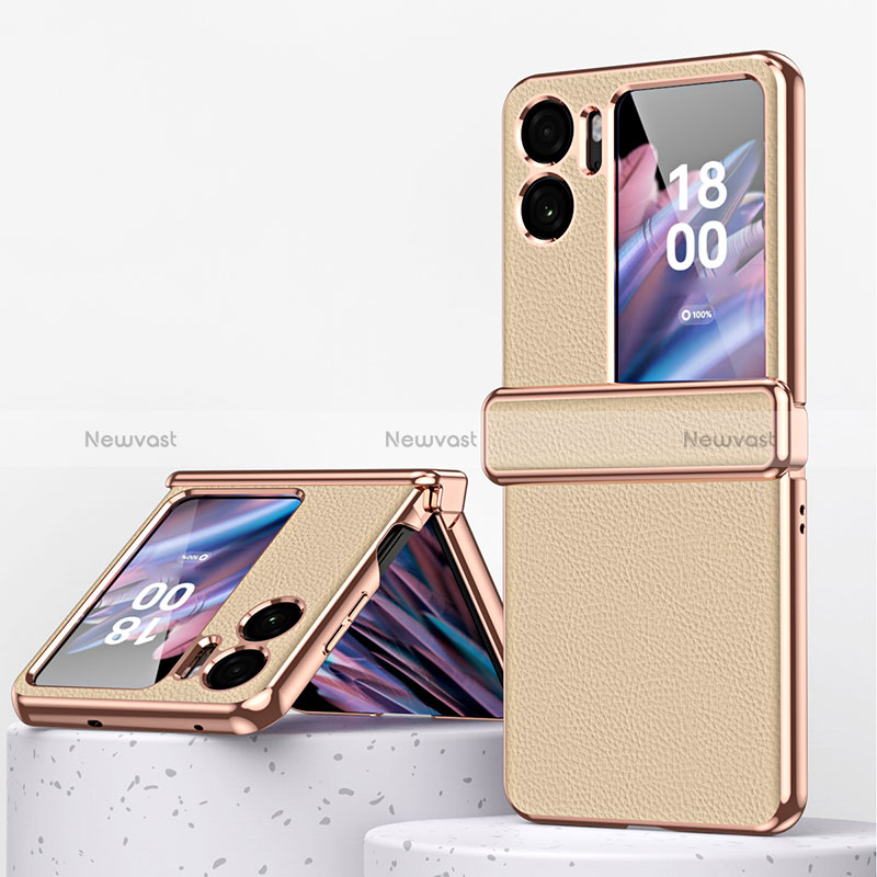 Luxury Leather Matte Finish and Plastic Back Cover Case ZL2 for Oppo Find N2 Flip 5G Gold
