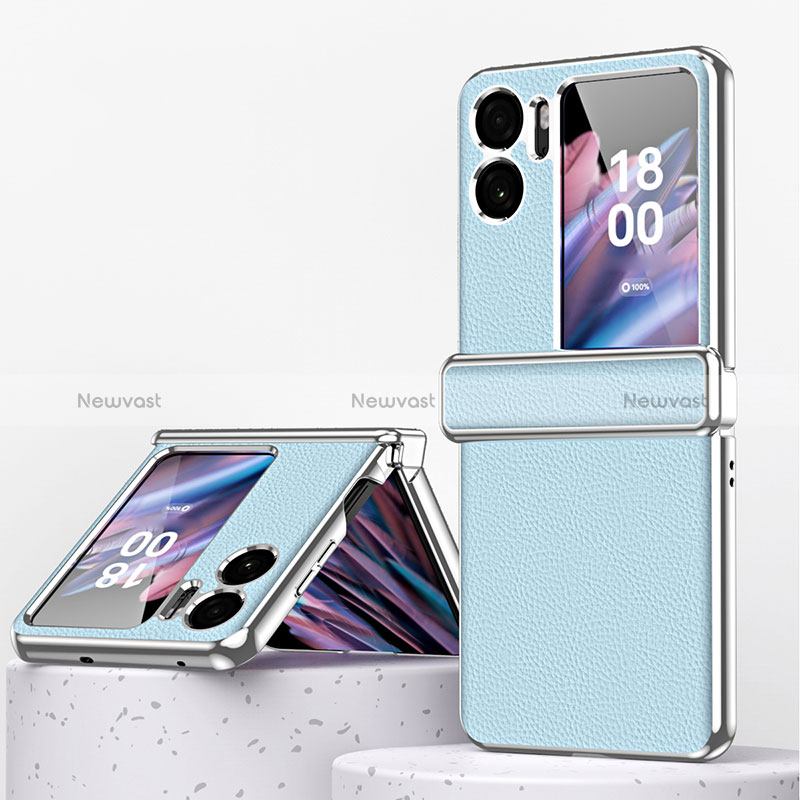 Luxury Leather Matte Finish and Plastic Back Cover Case ZL2 for Oppo Find N2 Flip 5G Mint Blue