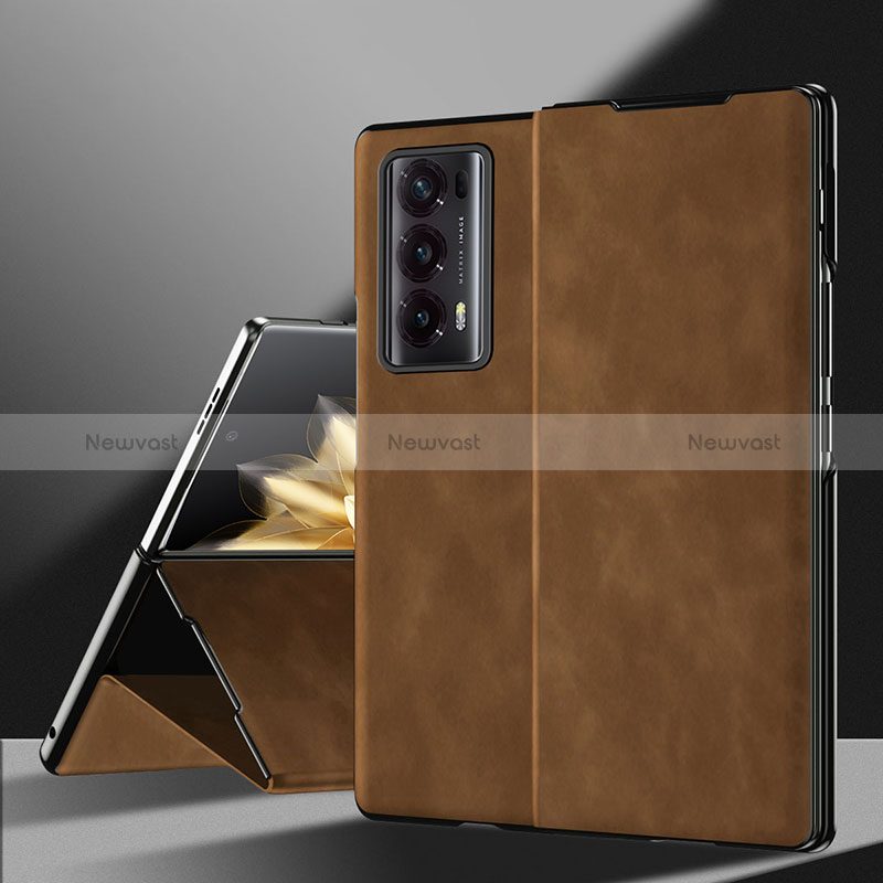 Luxury Leather Matte Finish and Plastic Back Cover Case ZL3 for Huawei Honor Magic V2 5G Brown