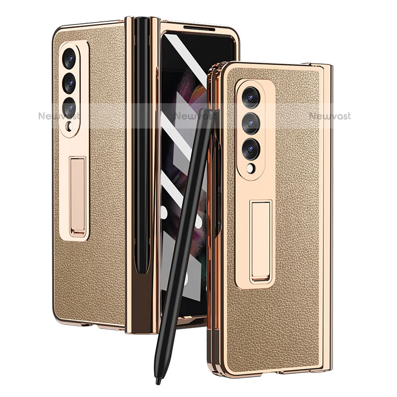 Luxury Leather Matte Finish and Plastic Back Cover Case ZL4 for Samsung Galaxy Z Fold3 5G Gold