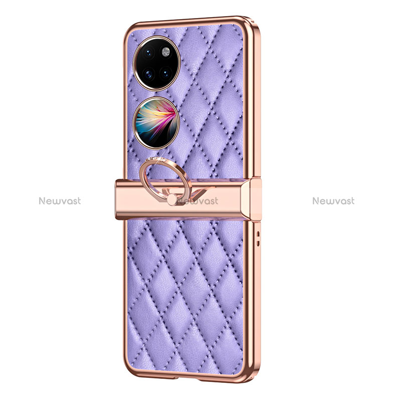 Luxury Leather Matte Finish and Plastic Back Cover Case ZL6 for Huawei P50 Pocket Purple