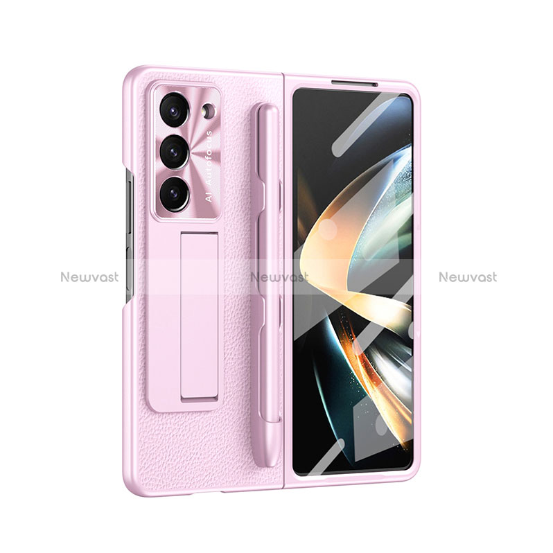 Luxury Leather Matte Finish and Plastic Back Cover Case ZL6 for Samsung Galaxy Z Fold5 5G Rose Gold