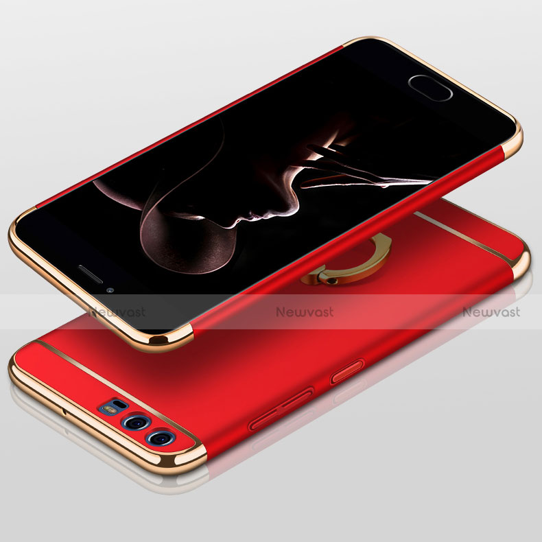 Luxury Metal Frame and Plastic Back Case with Finger Ring Stand A01 for Huawei P10 Red