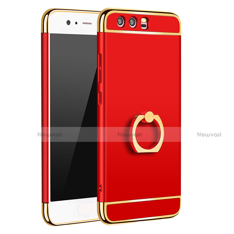 Luxury Metal Frame and Plastic Back Case with Finger Ring Stand A01 for Huawei P10 Red