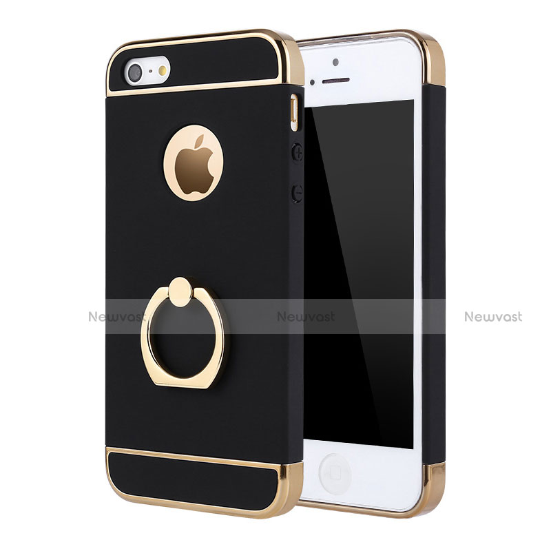 Luxury Metal Frame and Plastic Back Case with Finger Ring Stand A02 for Apple iPhone 5 Black