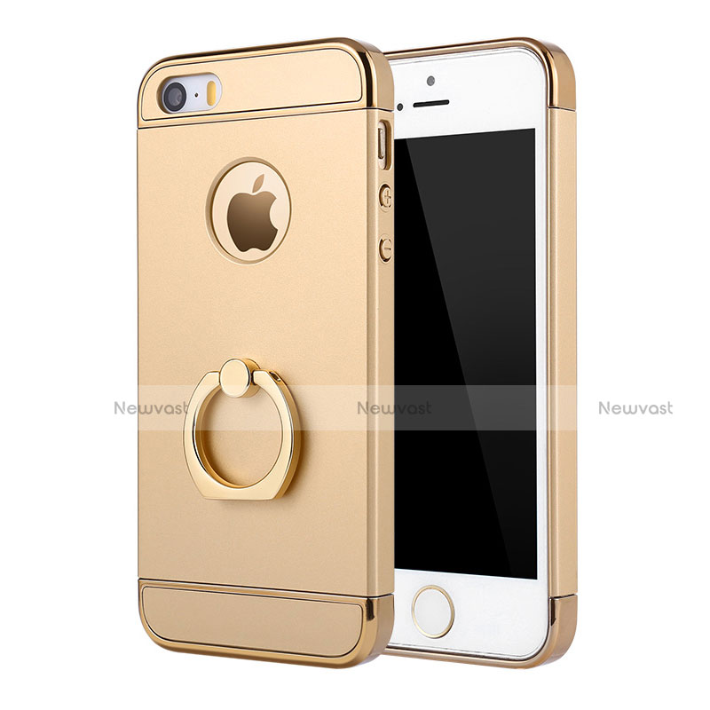 Luxury Metal Frame and Plastic Back Case with Finger Ring Stand A02 for Apple iPhone SE Gold