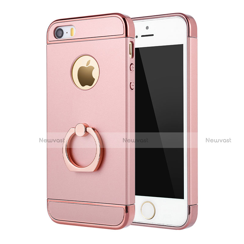 Luxury Metal Frame and Plastic Back Case with Finger Ring Stand A02 for Apple iPhone SE Pink