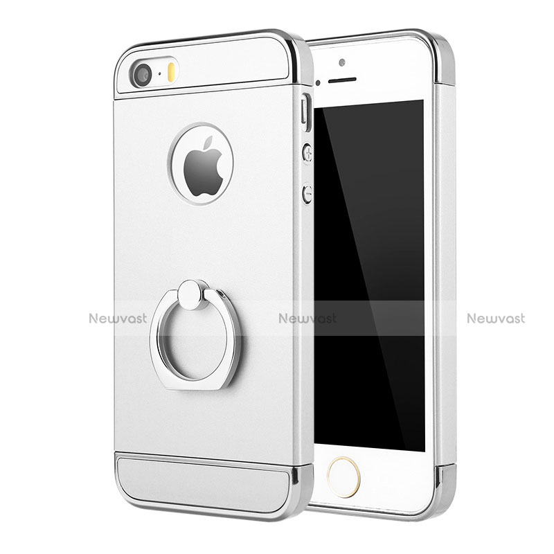 Luxury Metal Frame and Plastic Back Case with Finger Ring Stand A02 for Apple iPhone SE Silver