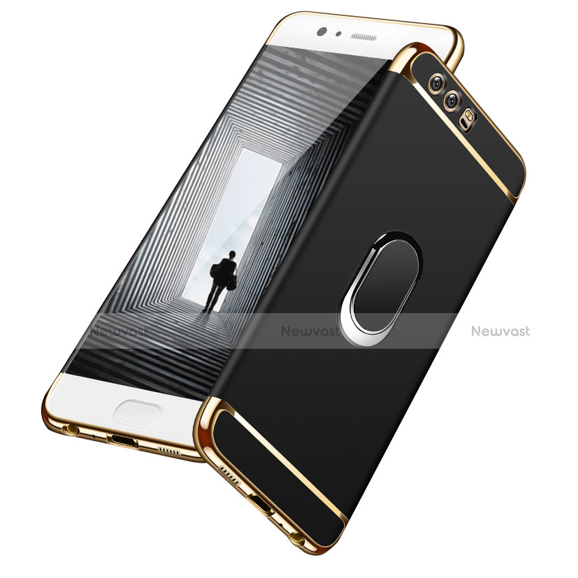 Luxury Metal Frame and Plastic Back Case with Finger Ring Stand A02 for Huawei P10 Black