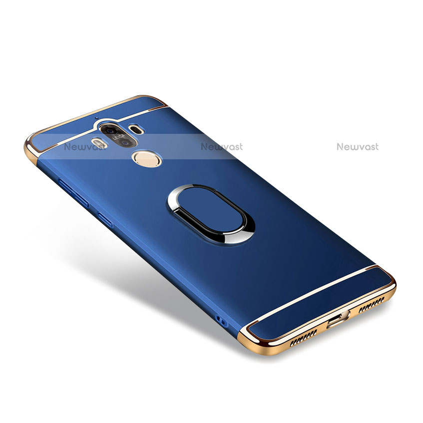 Luxury Metal Frame and Plastic Back Case with Finger Ring Stand A03 for Huawei Mate 9 Blue