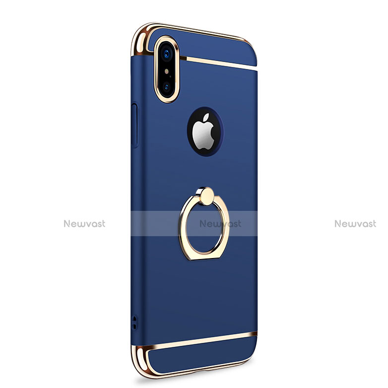 Luxury Metal Frame and Plastic Back Case with Finger Ring Stand F02 for Apple iPhone X Blue