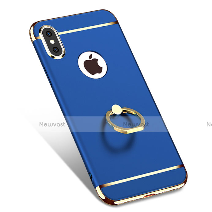 Luxury Metal Frame and Plastic Back Case with Finger Ring Stand F02 for Apple iPhone Xs Blue