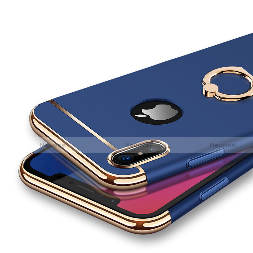 Luxury Metal Frame and Plastic Back Case with Finger Ring Stand F02 for Apple iPhone Xs Blue