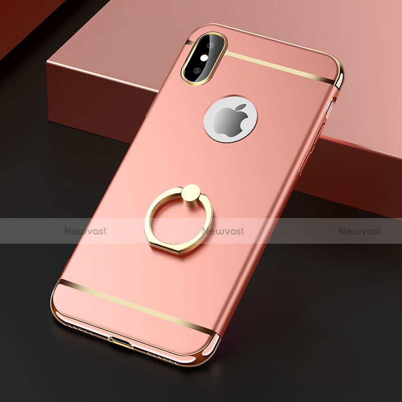 Luxury Metal Frame and Plastic Back Case with Finger Ring Stand F02 for Apple iPhone Xs Rose Gold