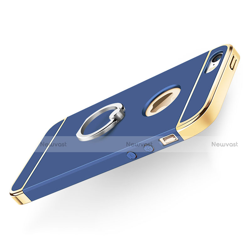 Luxury Metal Frame and Plastic Back Case with Finger Ring Stand for Apple iPhone 5 Blue
