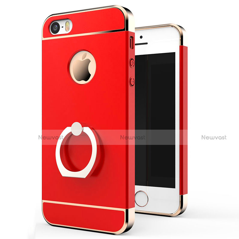 Luxury Metal Frame and Plastic Back Case with Finger Ring Stand for Apple iPhone 5 Red