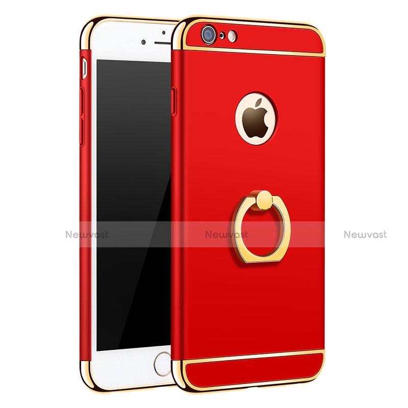 Luxury Metal Frame and Plastic Back Case with Finger Ring Stand for Apple iPhone 6 Plus Red