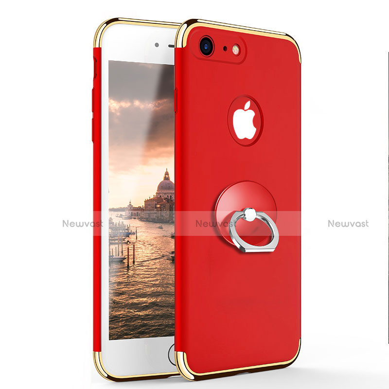 Luxury Metal Frame and Plastic Back Case with Finger Ring Stand for Apple iPhone 8 Red
