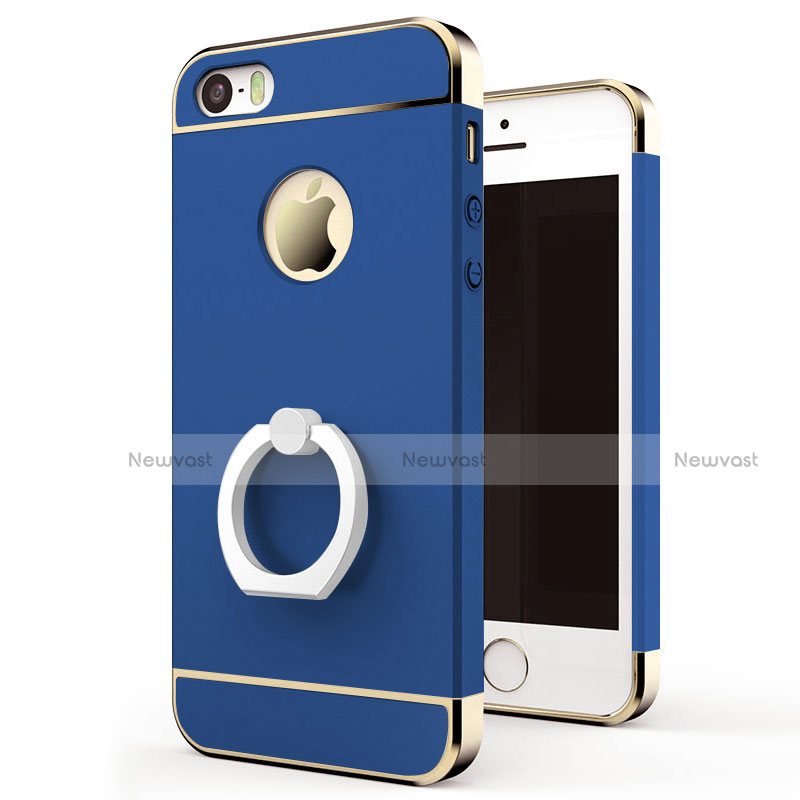 Luxury Metal Frame and Plastic Back Case with Finger Ring Stand for Apple iPhone SE Blue