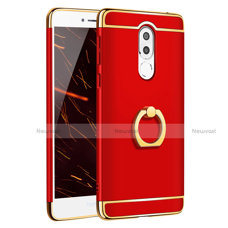 Luxury Metal Frame and Plastic Back Case with Finger Ring Stand for Huawei GR5 (2017) Red