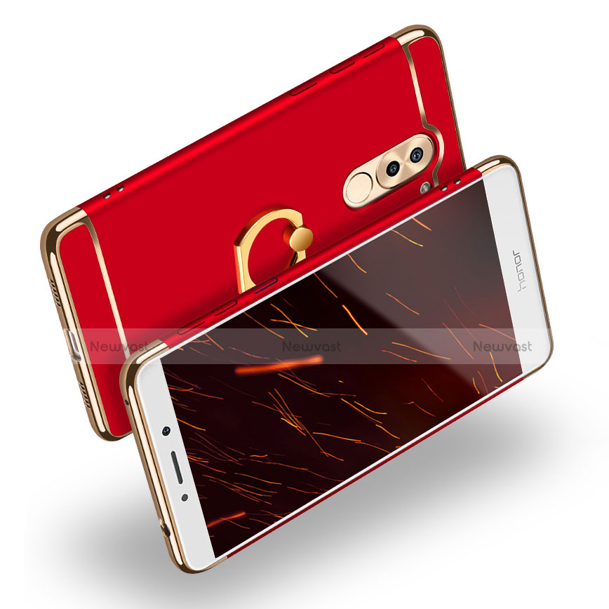 Luxury Metal Frame and Plastic Back Case with Finger Ring Stand for Huawei GR5 (2017) Red