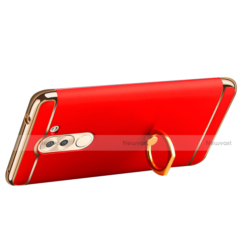 Luxury Metal Frame and Plastic Back Case with Finger Ring Stand for Huawei Honor 6X Pro Red