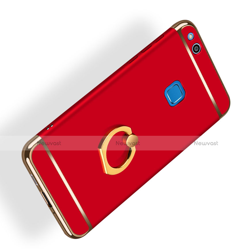 Luxury Metal Frame and Plastic Back Case with Finger Ring Stand for Huawei Honor 8 Lite Red