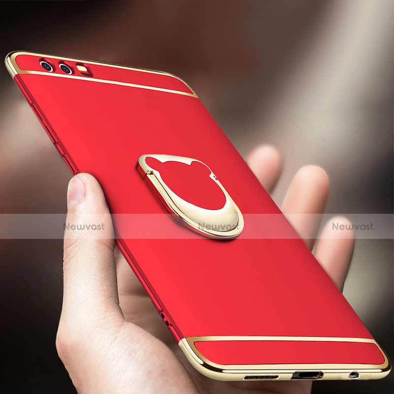 Luxury Metal Frame and Plastic Back Case with Finger Ring Stand for Huawei Honor 9 Premium Red