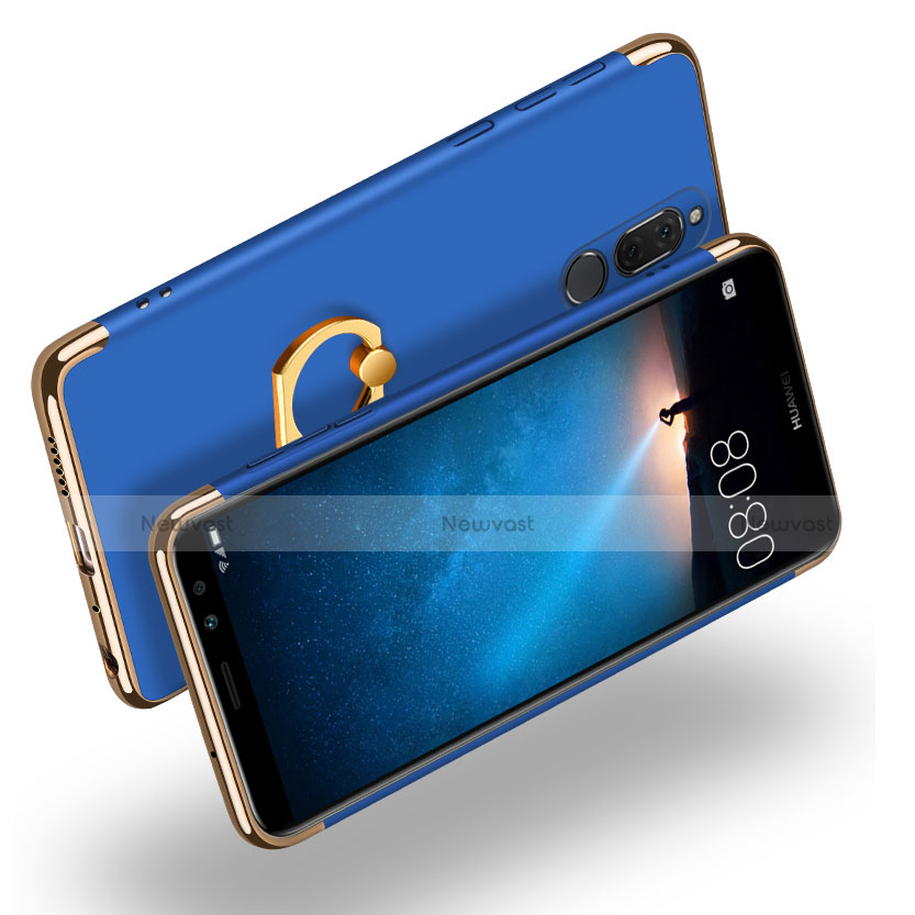 Luxury Metal Frame and Plastic Back Case with Finger Ring Stand for Huawei Mate 10 Lite Blue